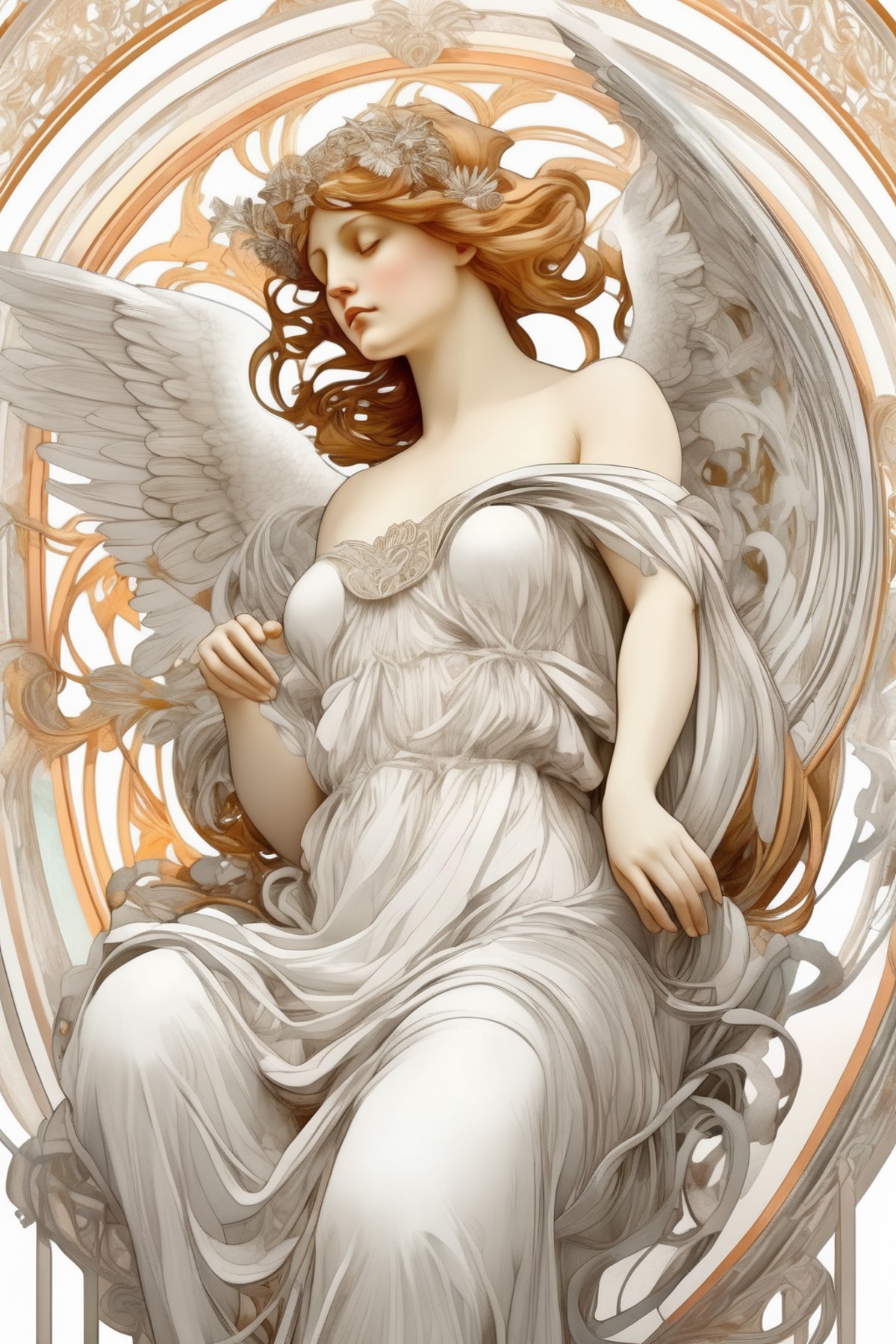 <lora:Alphonse Mucha Style:1>Alphonse Mucha Style - composition on a angel, detailed illustration, octane render Alphonse ...